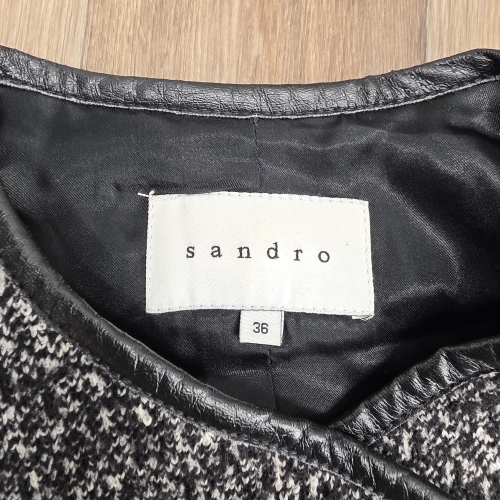 Sandro Tweed Jacket Black White Leather Trim Blazer Women‎ Size 36 - Picture 2 of 11